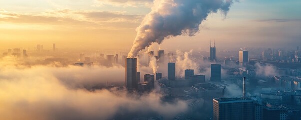 Obraz premium Sunrise Cityscape: A Breathtaking Panorama of Urban Fog and Industrial Smoke