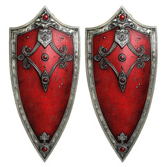 Obraz premium Red medieval knight shields with silver details highlight craftsmanship and historical importance, Red Medieval Knight Shields with Silver Detailing Isolated on Transparent background