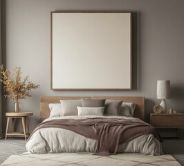 A serene bedroom featuring a cozy bed, neutral tones, and minimalist decor, highlighted by a large blank canvas above the headboard.