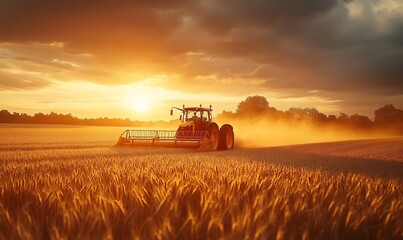 Fototapeta premium Tractor harvesting golden wheat in a sunlit field at sunset with dramatic skies and glowing crops, symbolizing agriculture and abundance sunset 