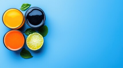 Colorful fruit juices on blue background, healthy drinks