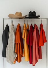 Obraz premium Rack with different stylish clothes and hats near white wall. Fashion, clothes. Vertical orientation 