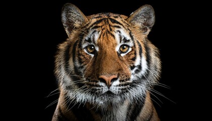Fototapeta premium close-up front-facing portrait of a tiger with striking orange and black fur patterns, expressive eyes, and a black background 