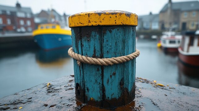 Harbor mooring post, rope, boats, foggy day, Scotland