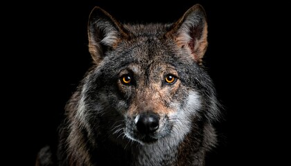 Fototapeta premium close-up front-facing portrait of a wolf with striking amber eyes and detailed fur against a black background 