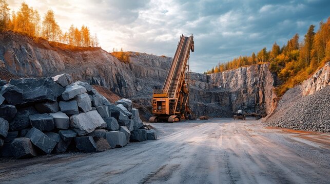 Heavy Machinery Operating in a Quarry at Sunset