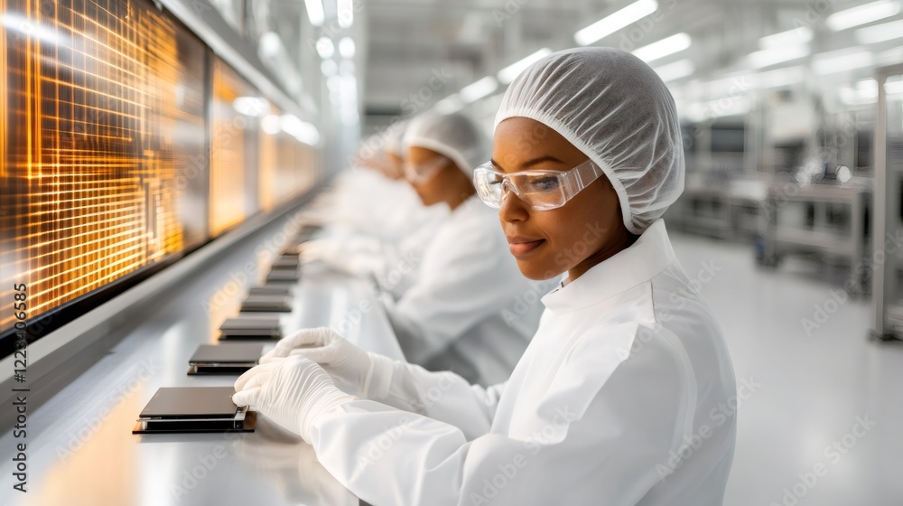 Aufkleber scientists working on microchips production line in high tech factory