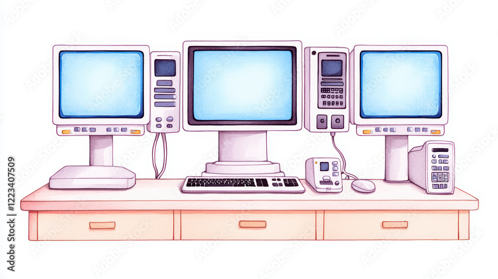 Wall mural colorful of computer workstation with multiple screens