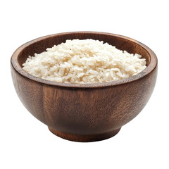 Wood bowl filled with uncooked rice situated on a clean Transparent background, wood bowl full rice isolated on PNG background
