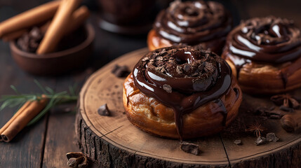 Sweet chocolate cinnamon rolls on wood