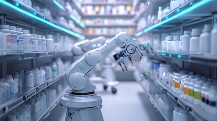 Automated pharmacy system with robotic arms in a clean hospital setting.