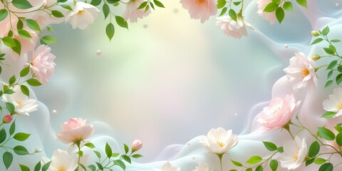 White roses and daisies on pastel background. Floral frame for wedding, spring, nature concept. Elegant design for invitations, cards, banners with copy space