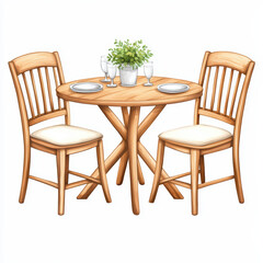 cozy wooden dining table set with two chairs and plant centerpiece