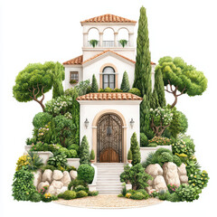 beautiful watercolor portrayal of classic home surrounded by lush greenery