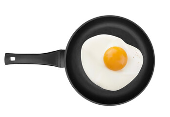 3d pan with fried egg on white background. Realistic fried egg