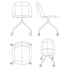 Office chair editable vector illustration on white background. Chair Line art, clip art. Hand-drawn design elements. Vector Illustration with Front, Side, and Top Views