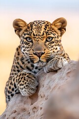 Obraz premium Leopard Resting on Rock in Warm Light
