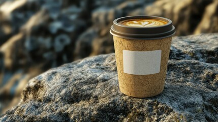 Cup of coffee with latte art on a rock in nature