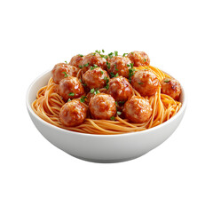 Fluffy 3D Cartoon Bowl of Glowing Spaghetti with Meatballs Isolated on Transparent Background
