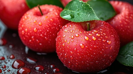 Juicy red apples, water droplets, dark background, healthy food