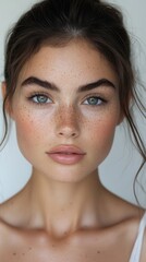Naklejka premium Close-Up Portrait of Young Woman with Freckles and Natural Beauty