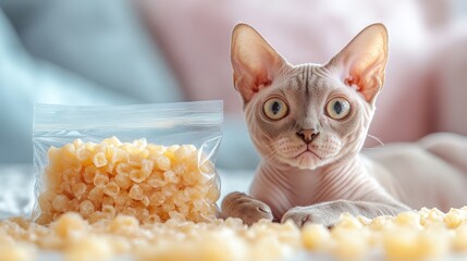 Sphynx cat stretches towards golden-yellow food in a softly blurred background
