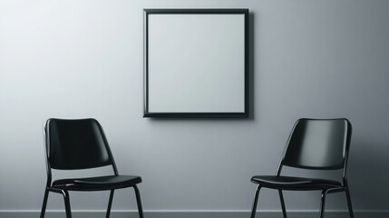 minimalist counseling setup featuring two black chairs facing blank frame on gray wall, creating calm and inviting atmosphere for discussions