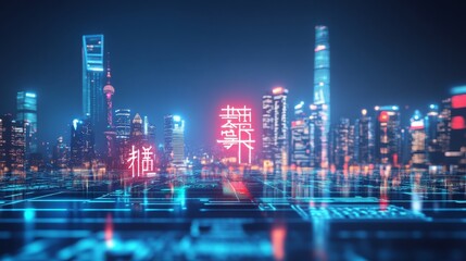 AI generated glowing Chinese calligraphy blending into sleek, futuristic interfaces and digital landscapes, set against a bold, modern skyline