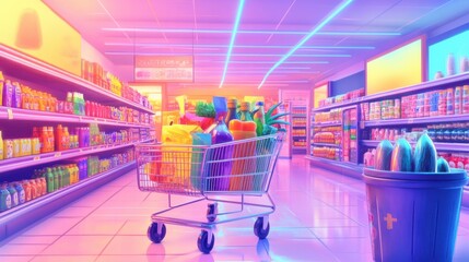 Colorful grocery store aisle showcasing a shopping cart filled with various products, vibrant lighting