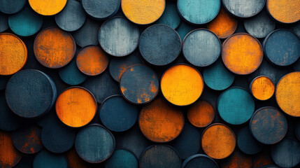 Craft a captivating abstract background, envision a dynamic composition of playful round and squareshapes, in rich hues of dark cyan and vibrant orange, overlapping each other to create.