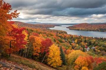 Obraz premium Panoramic autumn landscape vibrant foliage, lake, hills, cloudy sky.