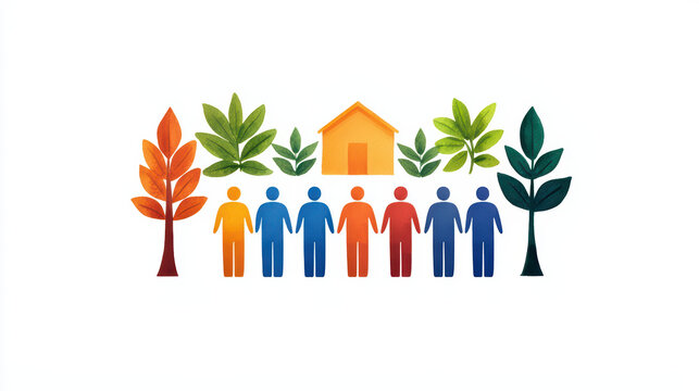 Colorful figures stand tog er with trees and house, symbolizing community