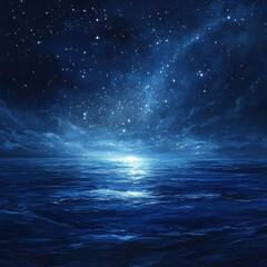 tranquil night sky filled with soft glowing stars above serene ocean. deep blue hues create calming atmosphere, reflecting beauty of universe