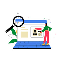 Woman Searching Real Estate Listings On Digital Platform With Magnifying Glass In Flat Vector Illustration Symbolizing Online Property Search, Isolated On White Background.