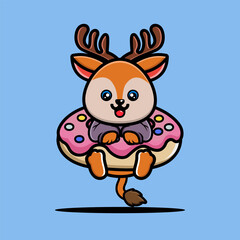 Cute deer hug big doughnut cartoon