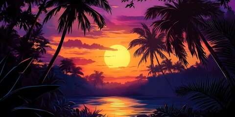 A pink sunset over a tropical island with palm trees and a river leading to the sea. 