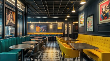 Fototapeta premium Stylish Restaurant Interior Design, Teal and Yellow Booths, Dark Ceiling, and Checkered Floor