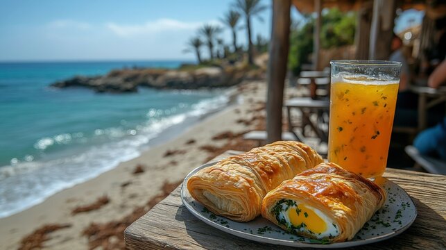 Enjoying Tunisian brik pastry and citronnade by the Mediterranean shoreline