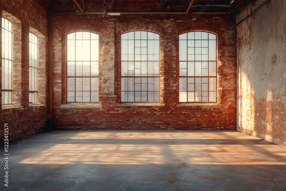 Poster sunlight illuminating empty industrial loft with large windows