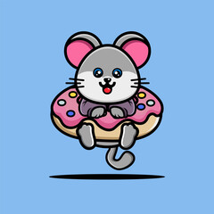 Cute mouse hug big doughnut cartoon