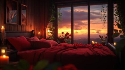 Romantic Sunset Cabin Getaway: A Cozy Bedroom with Breathtaking View