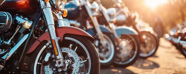 View of front wheel of motorbikes standing in the row.