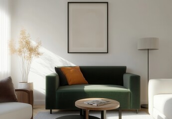 A cozy, minimalist living room featuring a green sofa, a wooden coffee table, and soft lighting with decorative elements.