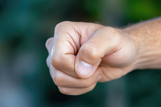 Man's hand with clenched fist on blurred green background, closeup