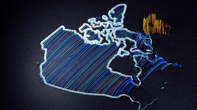 3D animation of an embroidered map of Canada. The colorful threads and fabric are shown from various perspectives, with motion effects highlighting the details and the word Canada.