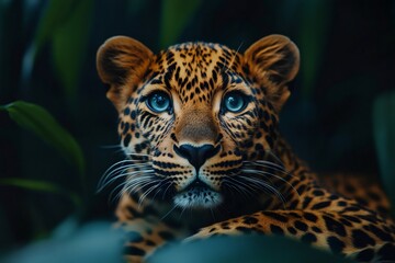 Obraz premium Leopard resting in the jungle showing its blue eyes