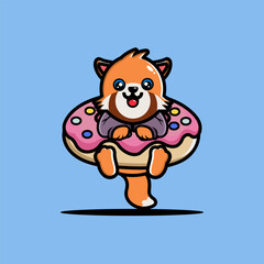 Cute red panda hug big doughnut cartoon