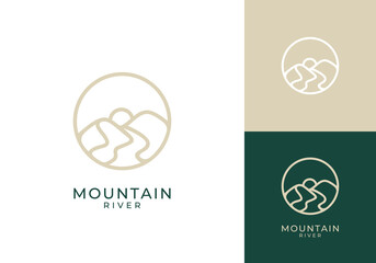 mountain with river circle line art logo design inspiration