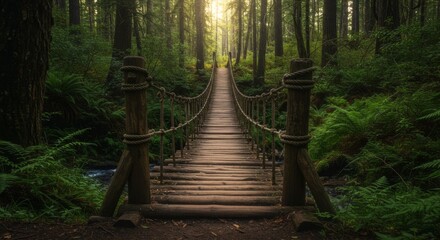 Obraz premium Rustic Old Wooden Log Walking Bridge made with Sticks and Vines in a Lush Green Forest, Nature Image