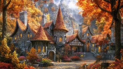 Obraz premium Stone Castle Home Autumn Forest Setting